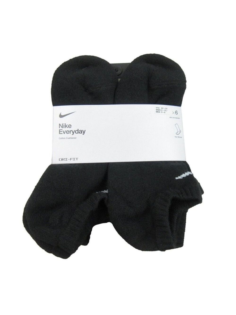 Nike Everyday Cushioned No Show Socks Black 6 Pack Womens 6-10 / Youth 5Y-7Y NEW